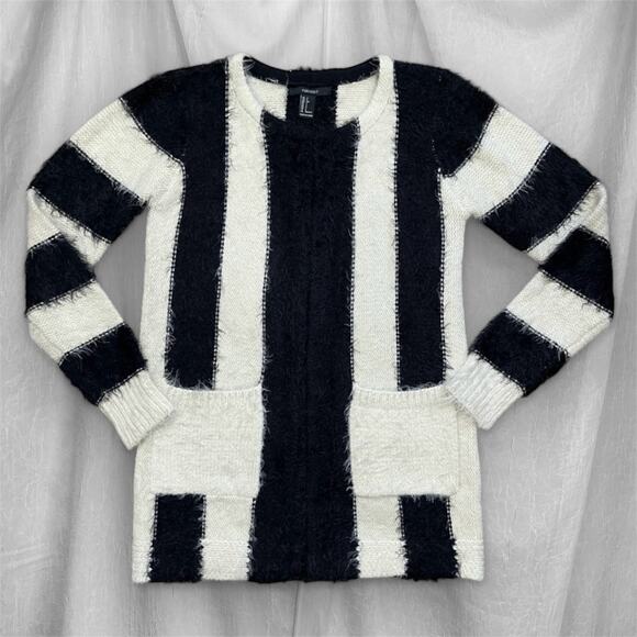 Forever 21 Black Cream Striped Open Sweater Eyelash Fuzzy Cozy Cardigan Small - Picture 1 of 16